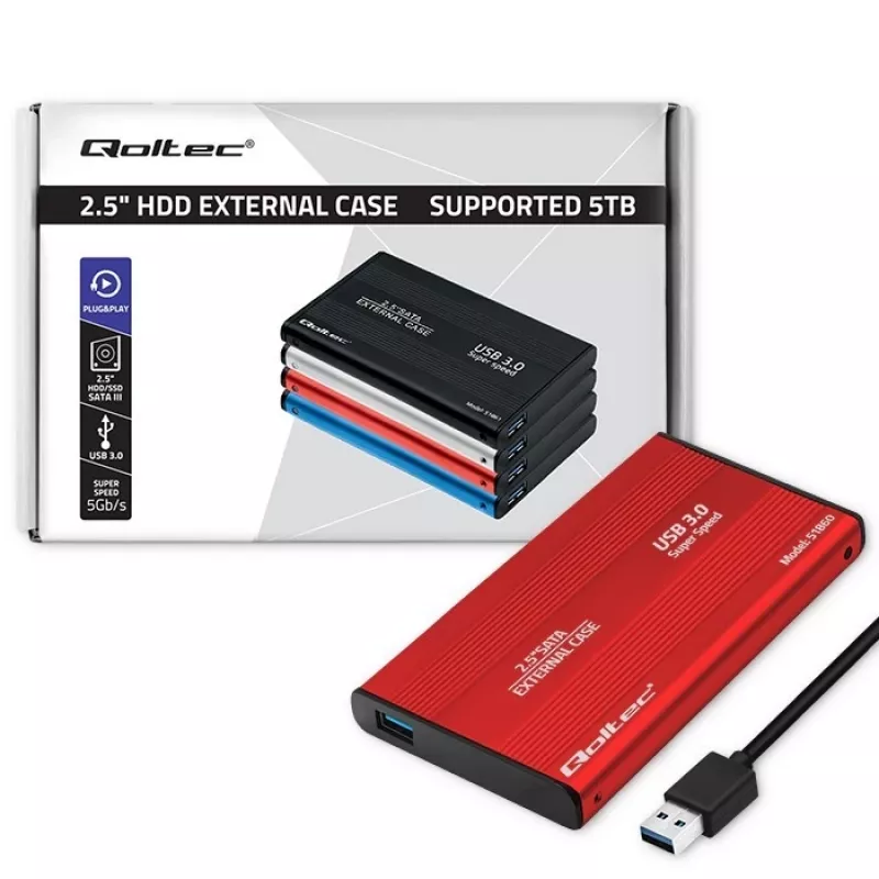 HDD/SSD-behuizing QOLTEC 51860 voor 2,5-inch SATA-III-stations, USB Type-A, 5 Gbit/s, aluminium, rood