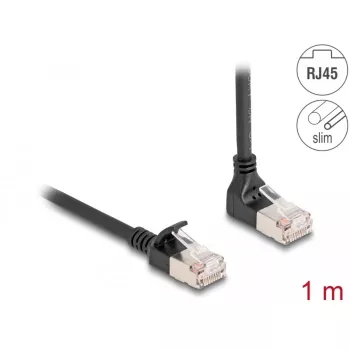 DeLOCK RJ45-netwerkkabel Cat.6A S/FTP slank 90° naar boven afgehoekt 1 m zwart