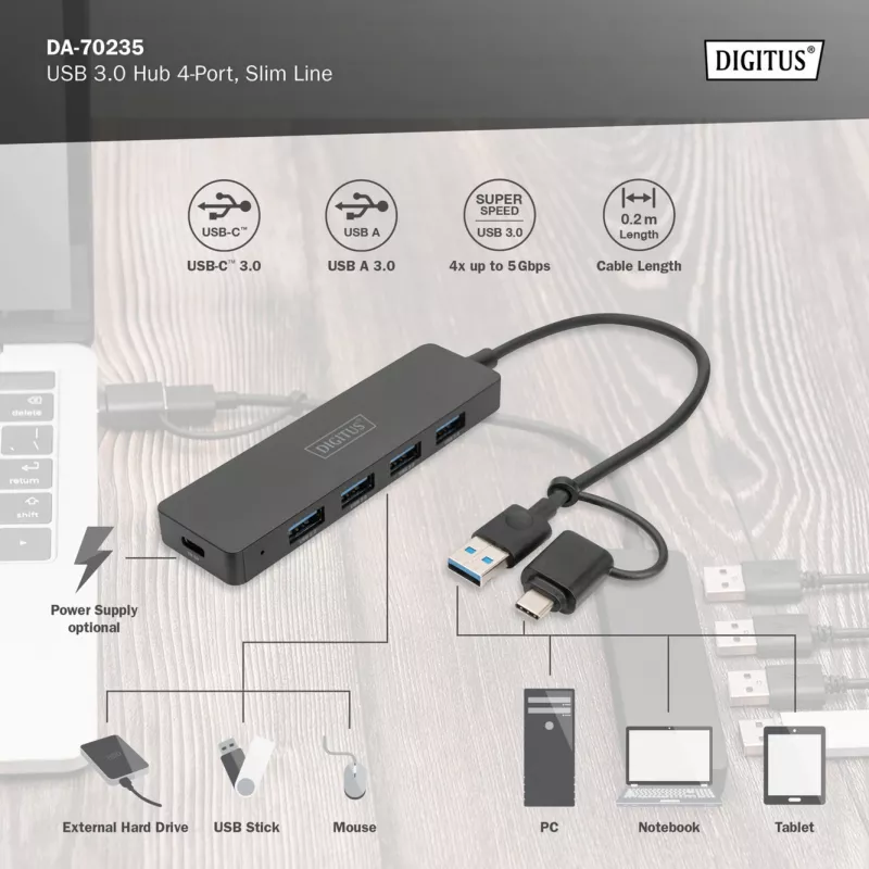 USB-hub, Digitus, DA-70235, 4-poorts, USB 3.2 Gen 1, Type-A en Type-C, 12000 Mbit/s