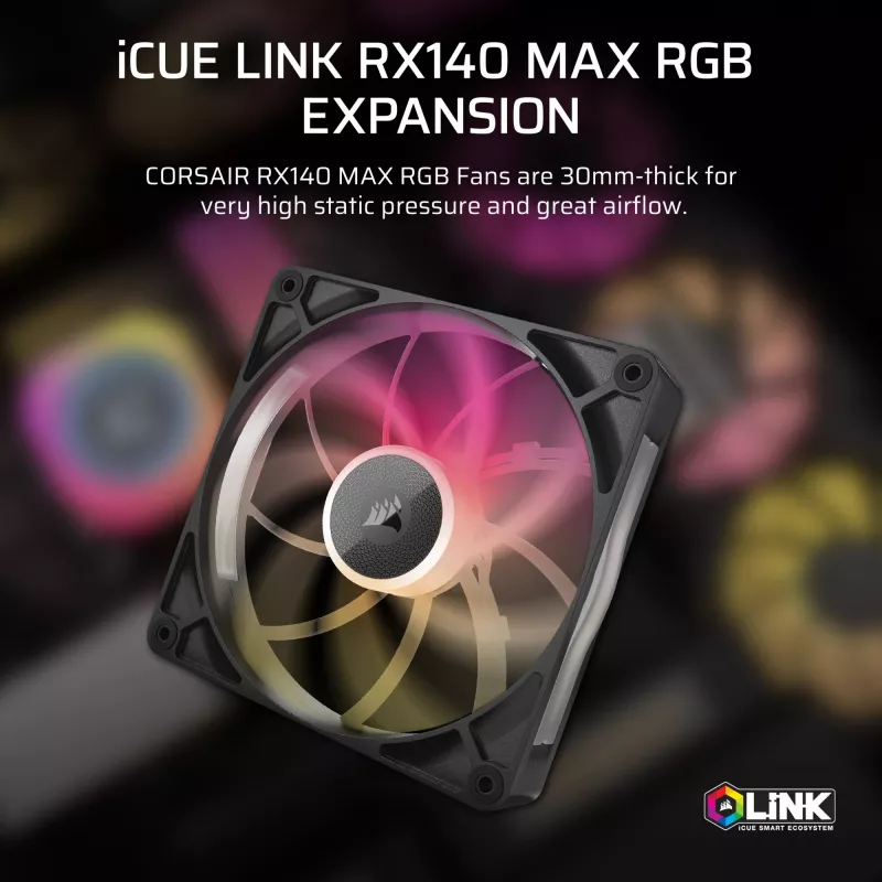 Ventilator Corsair iCUE LINK RX140 MAX RGB 14 cm zwart 300–1600 tpm