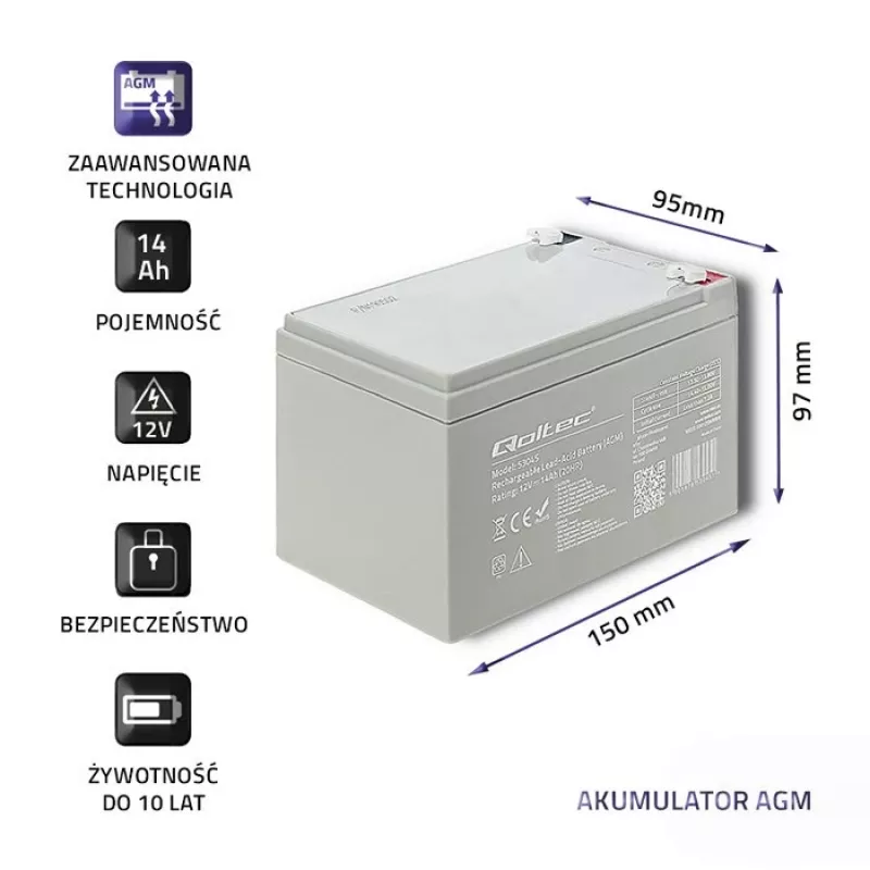Qoltec 53045 AGM-accu 12V 14Ah