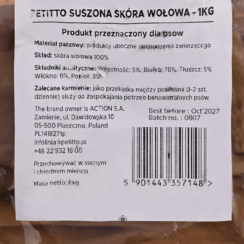 Hondensnack PETITTO gedroogde runderhuid, 1 kg verpakking