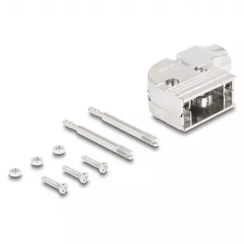DELOCK D-Sub-behuizing 9-polig haaks 90° kabeltrekontlasting, zilverkleurig kunststof, 33×47×16 mm