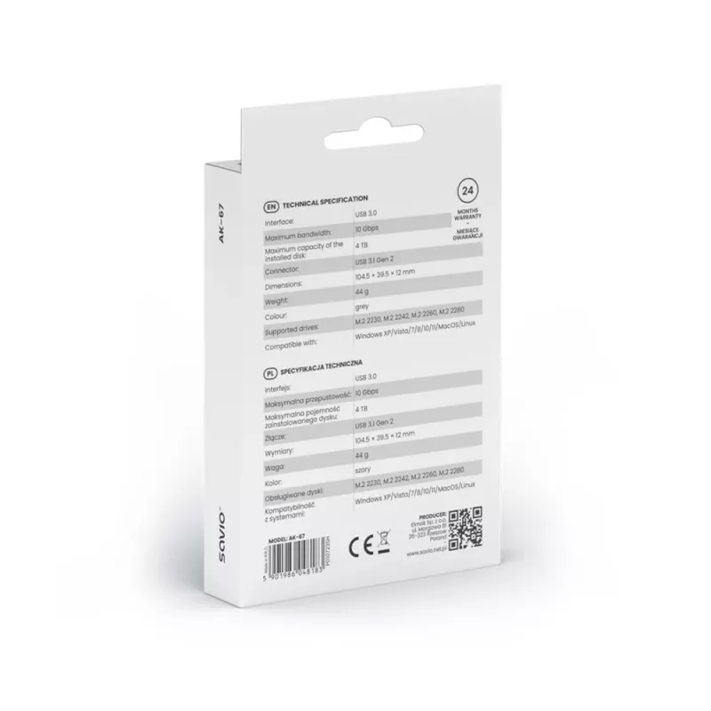 M.2 SSD-behuizing SAVIO AK-67 grijs, USB 10 Gbit/s, ondersteuning voor enkele M.2-schijven