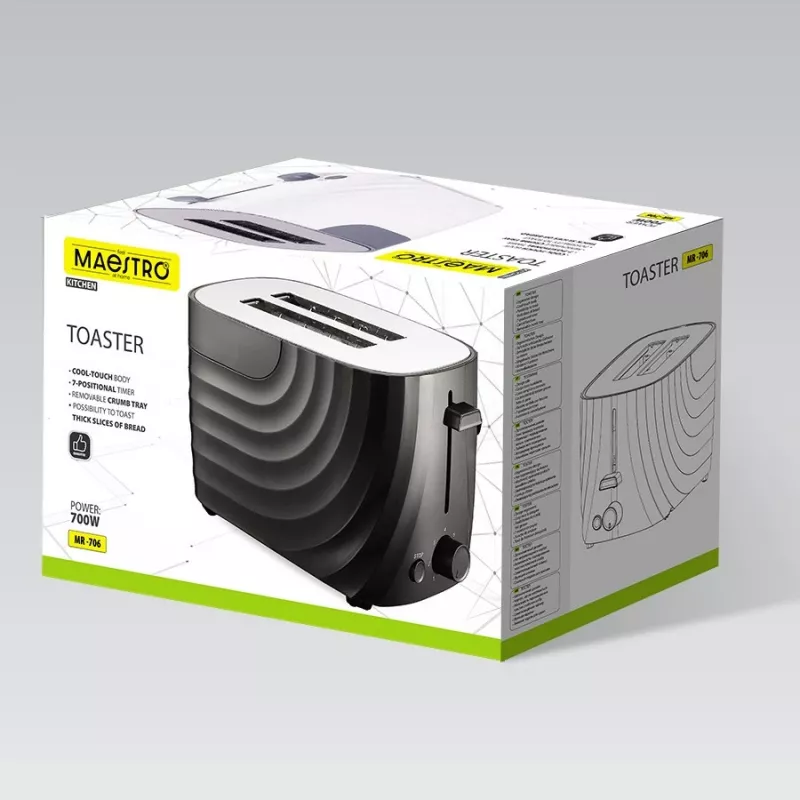 Toaster Maestro MR-706-Zwart, zwarte compacte 2-snijder toaster