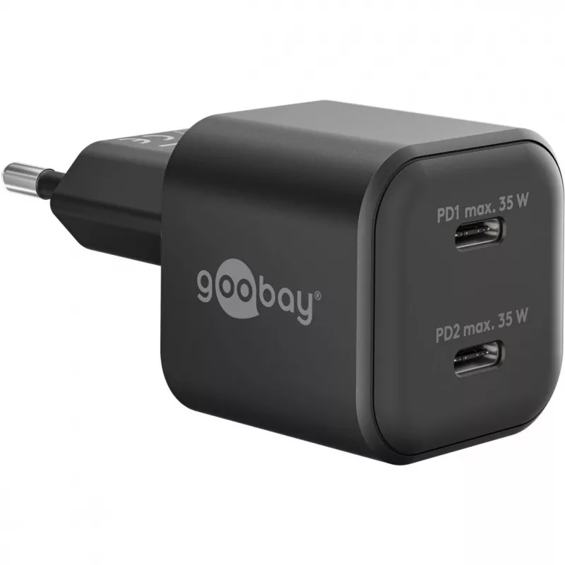 Wandlader GOOBAY 75333 — universele AC-USB-C-oplader voor binnen, 2x USB-C, 35 W, zwart