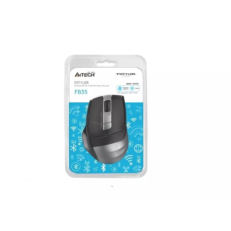 Draadloze muis A4Tech FB35 (model 46717) – Bluetooth + 2,4 GHz, 2000 dpi, 6 knoppen, grijs