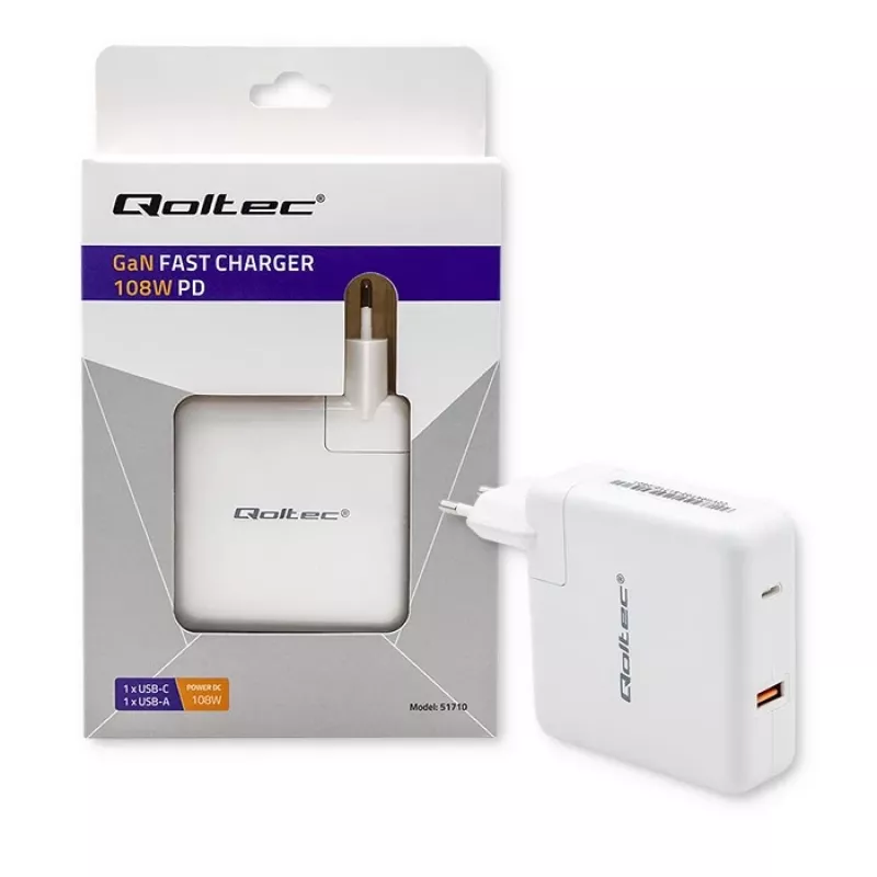 Qoltec GaN-oplader FAST 108W | 5-20V | 3-4.7A | USB C | wit