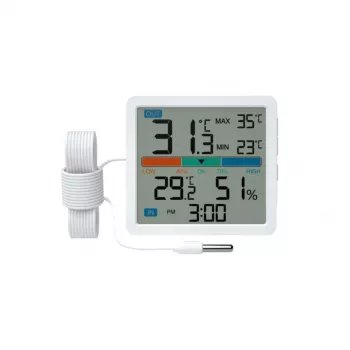 Thermometer-hygrometer MANTA MTO002W met buitensensor (150 cm), binnen 0–+50°C, buiten -40–+70°C, luchtvochtigheid 20–95% RH, comfortindicator, klok