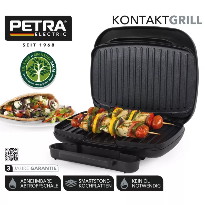 Elektrische grill Petra PT4366MBLKVDE zwart met antiaanbaklaag en verstelbare temperatuur