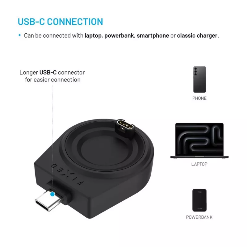 USB-C-laadadapter FIXED voor Garmin Fenix/Epix/Venu/Vívoactive – compatibele modellen vermeld