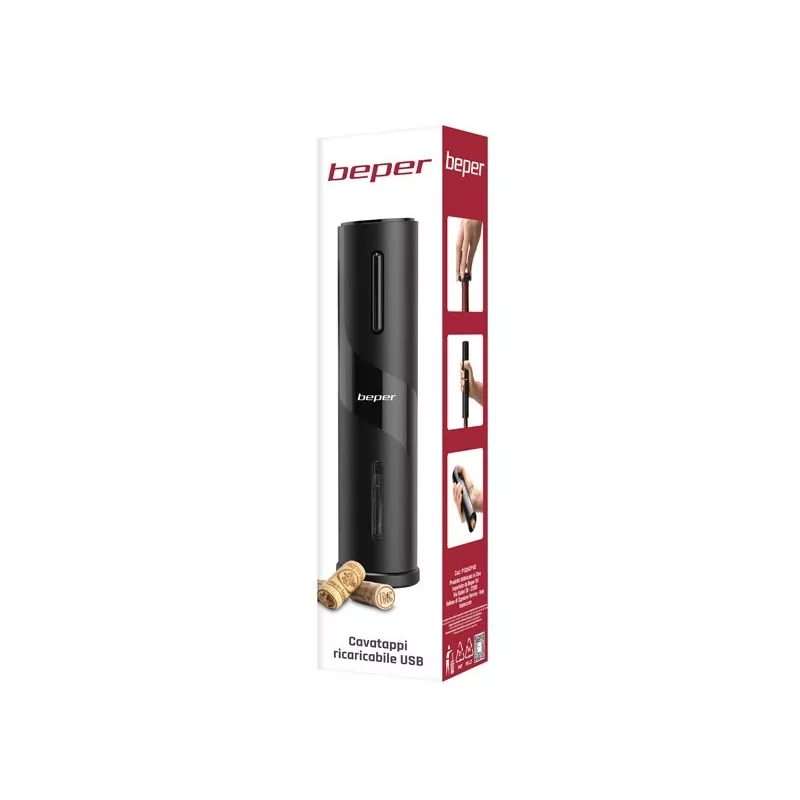 Beper P102ACP100 oplaadbare elektrische kurkentrekker, USB, zwart