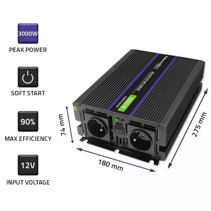 Omvormer QOLTEC Monolith 3000 MS Wave, 12V→230V, 1500/3000W, met USB
