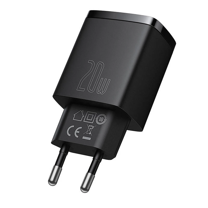 Indoor USB-snellader Baseus CCXJ-B01 – 2 poorten (USB-C PD 20W + USB-A QC3.0 18W), 100–240 V, zwart