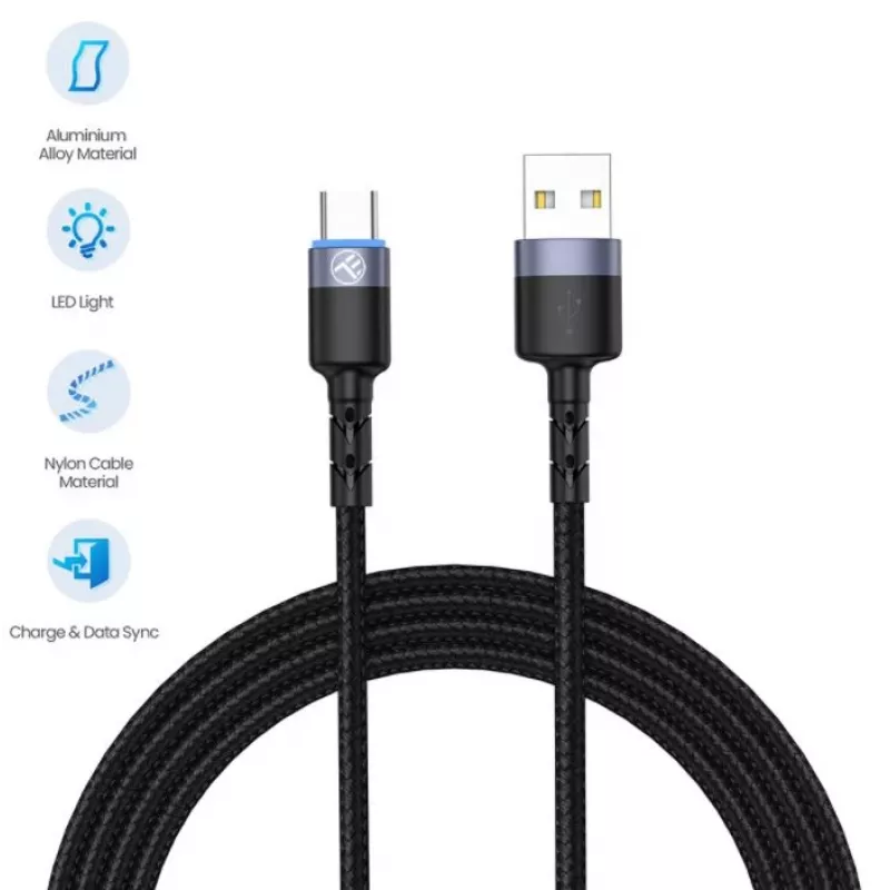 Datakabel Tellur USB naar Type-C LED nylon gevlochten 1,2 m zwart