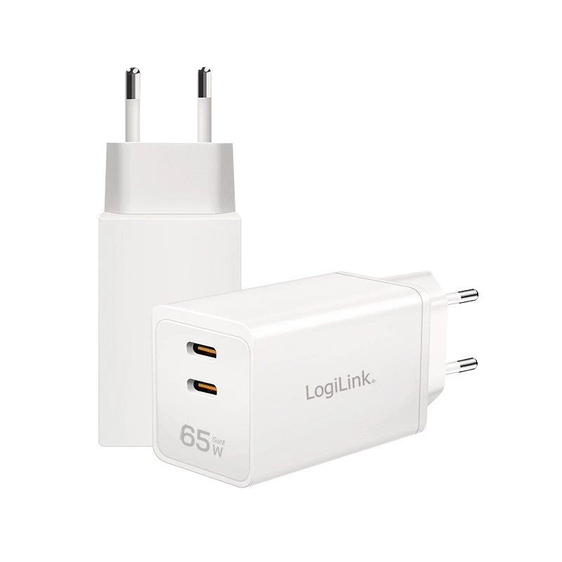 Dubbele USB-stopcontactadapter 65W, 2xUSB-C, wit