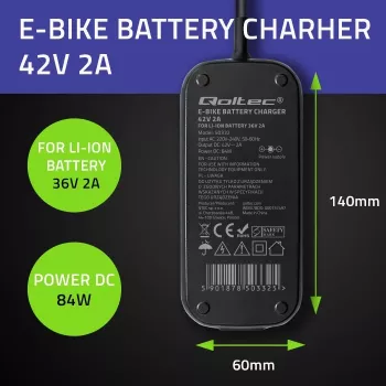 E-bike-oplader QOLTEC 50332 — 36V/42V uitgang, 2A, 5,5×2,1 mm stekker