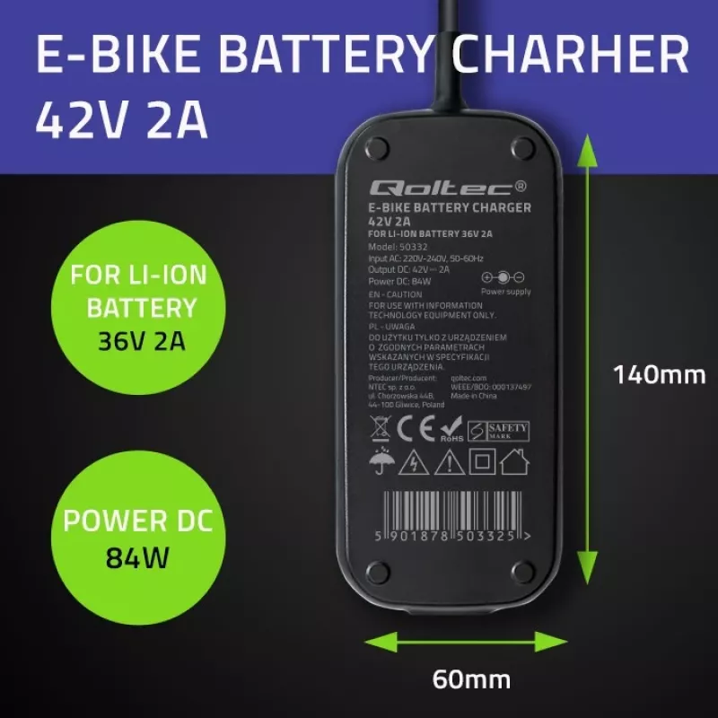 E-bike-oplader QOLTEC 50332 — 36V/42V uitgang, 2A, 5,5×2,1 mm stekker