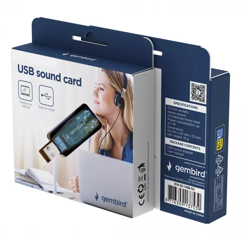 USB externe geluidskaart Gembird Virtus2 — USB-interface, 3,5 mm koptelefoon, blauw transparant