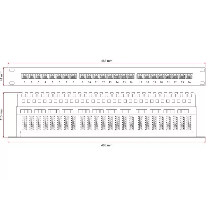 Alantec PK013 patchpaneel 19" 1U, 24x RJ-45, Cat5e UTP, LSA, met plank, zwart