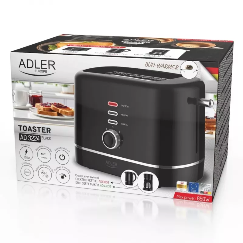 Adler AD 3224b toaster met broodjesrooster 7 bruiningsstanden zwart