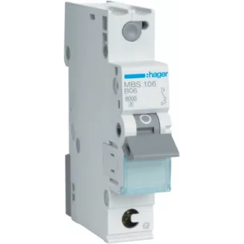 Hager MBS106. Nominale stroom: 6 A, netfrequentie: 50/60 Hz. Type: B-type, aantal modules (max.): 1 module(s). Breedte: 17,5 mm, diepte: 70 mm, hoogte: 83,4 mm (MBS106)