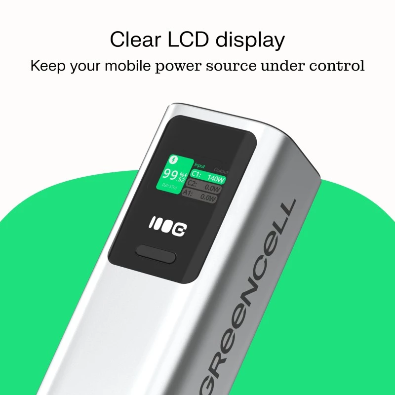 Draagbare batterij Green Cell PBGC25UD, 25200 mAh, Li‑ion, 140 W totaalvermogen, 2× USB‑C + 1× USB‑A, OLED-display, aluminium behuizing