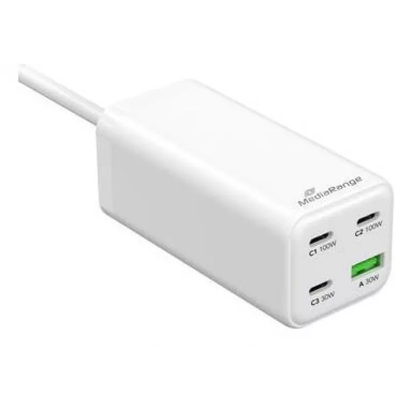 MediaRange MRMA124 mobiele oplader 100W AC, 3x USB-C, 100–240V ingang, 1,5 m kabel, wit