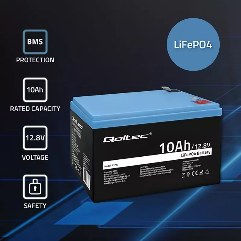 Accupack LiFePO4 QOLTEC 10Ah 12,8V 128Wh met geïntegreerde BMS