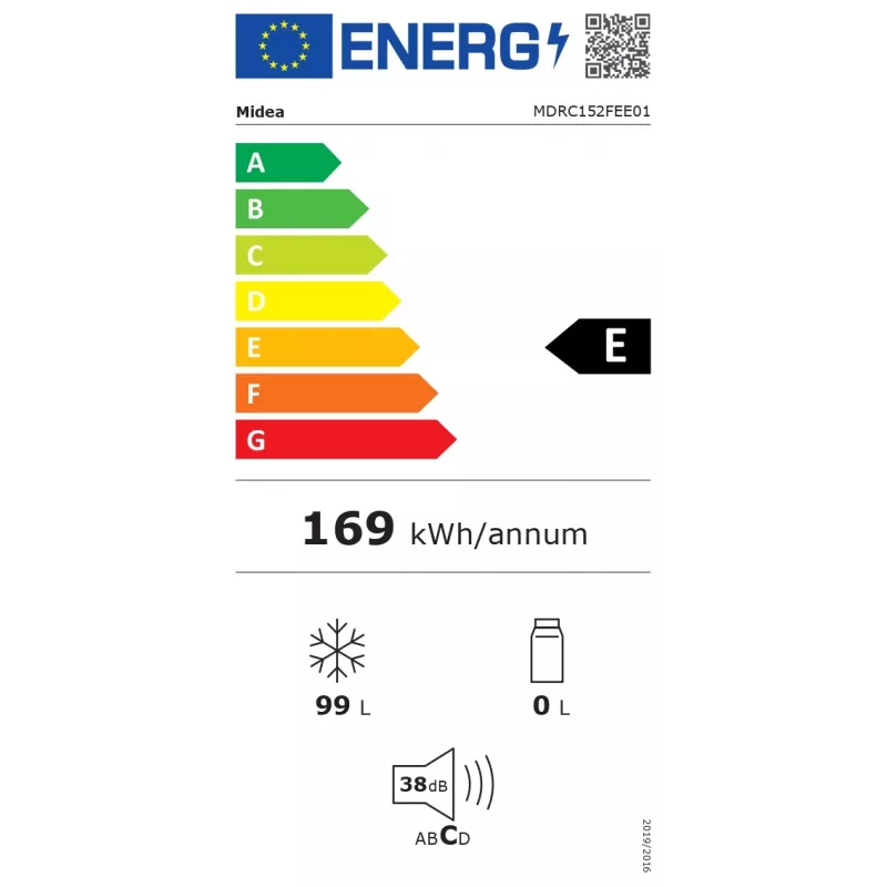 Vriezer Midea MDRC152FEE01, 99 L, energieklasse E, 85 cm hoogte, vrijstaand, wit