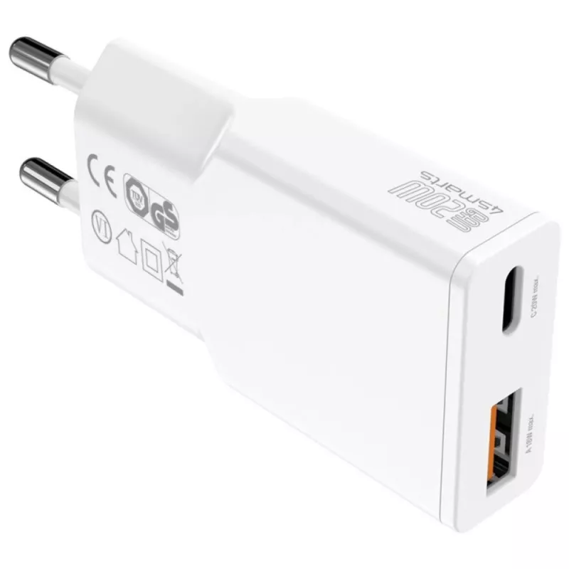 AC Indoor Mobile Device Charger 4smarts 541509 — 100–240V, USB-A + USB-C, 1,5 m kabel, snelopladen, wit