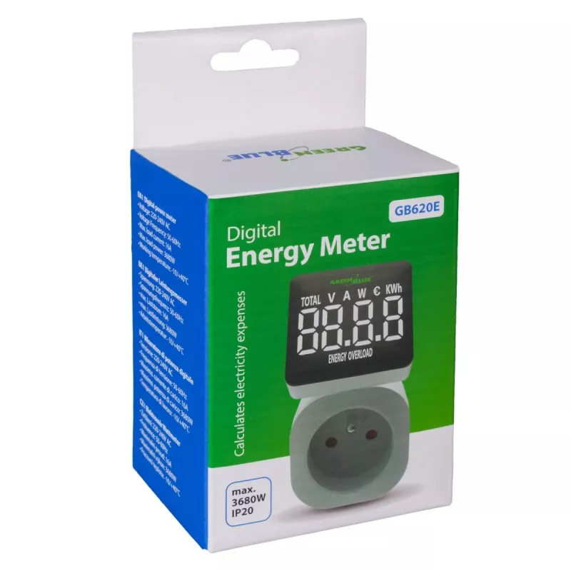 Energie-wattmeter GreenBlue GB620E voor 220V-net, max. 16 A, insteekbare stroom-/energiemeter