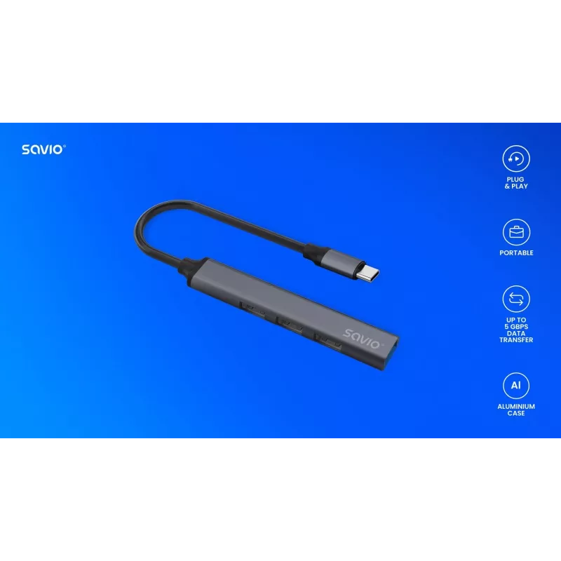 USB 3.0 4-poorts interface-hub SAVIO AK-71 met USB-C host, 5000 Mbit/s, 2 jaar garantie
