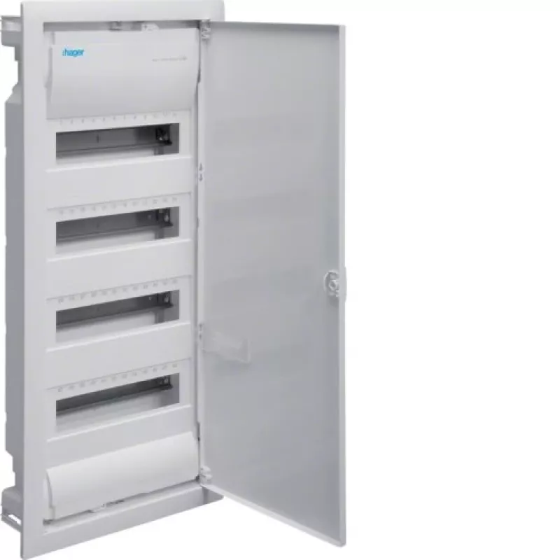 Hager Volta VU48NE inbouwverdeelkast, 4 rijen, 48 modules, IP30, metalen deur, 348×755,5×98 mm, wit