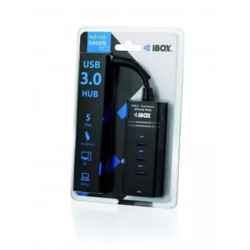 USB 3.2 Gen 1 Type-A 4-poorts hub IBOX IUH3FB, 5000 Mbit/s, zwart, 0,5 m kabel