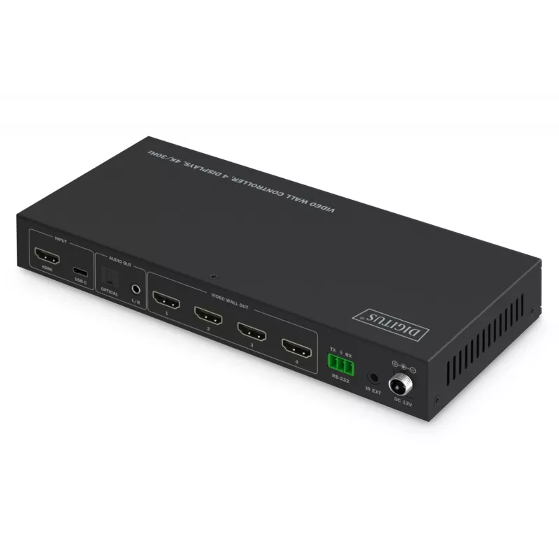 DIGITUS DS-55358 HDMI-videowandcontroller, 4 beeldschermen, 4K/30Hz-uitgang, 4K/60Hz-ingang via HDMI 2.0 / USB-C (DP 1.2a), RS232, afstandsbediening, zwart