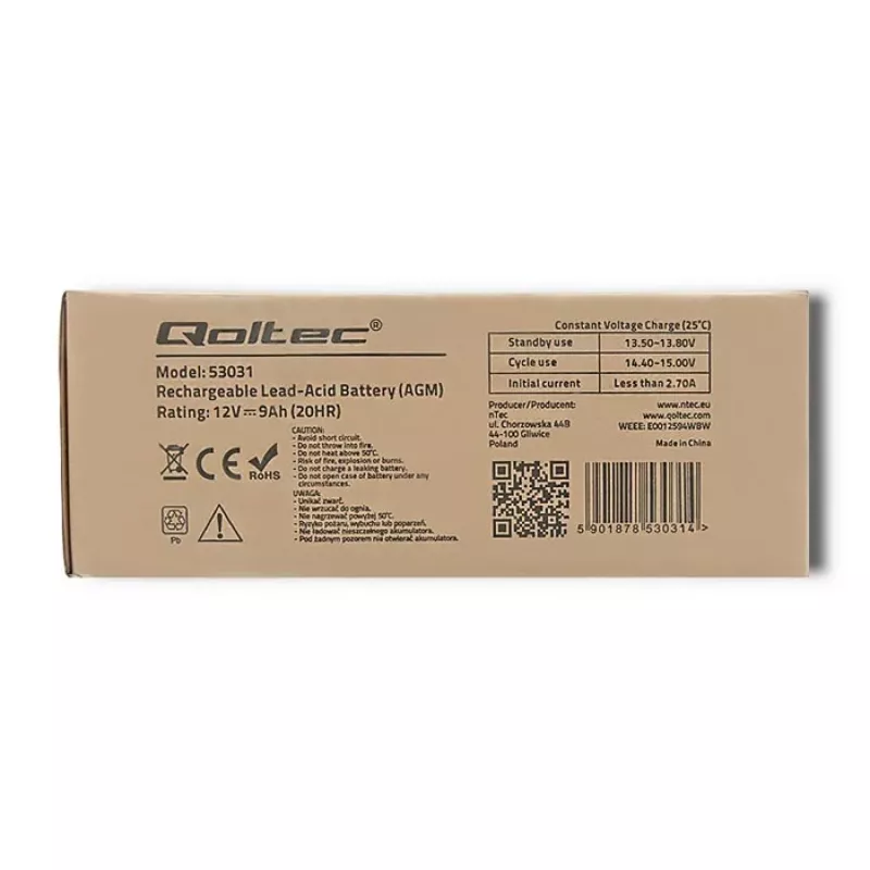 UPS-accu QOLTEC 53031 12V 9Ah groen, 152×94×65 mm, 2,35 kg