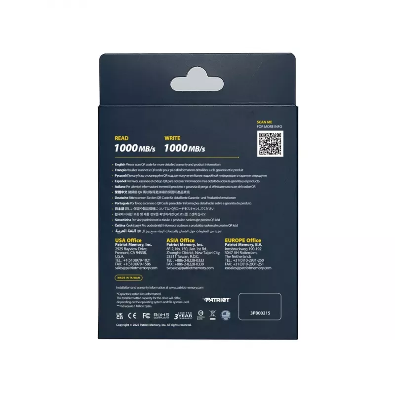 Patriot Transporter Lite PTPL1TBPECB externe SSD, 1 TB, USB-C 3.2 Gen 2, 1000 MB/s, aluminium, zwart