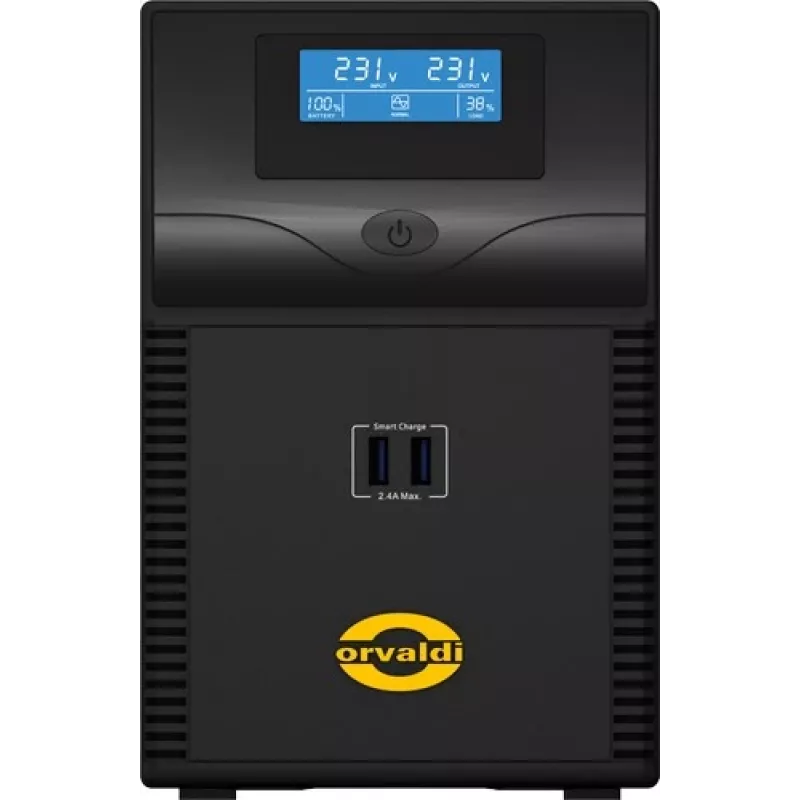 Uninterruptible power supply ORVALDI ID2K0CH line-interactive 2 kVA / 1200 W, 24 V, 9 Ah accu's, LCD, USB, compact zwart