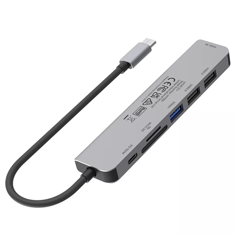 USB-C hub Unitek 7in1 aluminium PD 100W 5 Gbps — multiport-adapter met Power Delivery