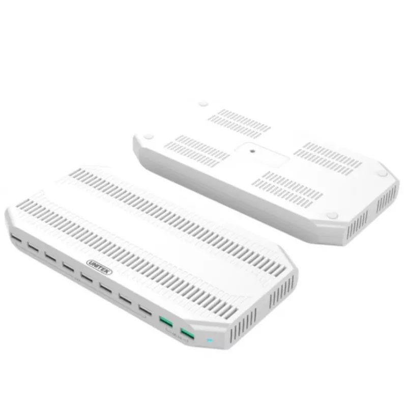 Oplaadstation Unitek Y-2190A — 10 USB-aansluitingen (8×USB2.0 + 2×USB3.2 Gen1), draadloos laden, 96 W totaalvermogen