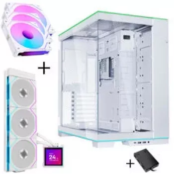 Lian Li O11 Dynamic EVO RGB pc-behuizing bundel HydroShift II LCD-S 360TL AiO + 3x UNI FAN SL-INF 120 Reverse Blade ventilatoren - wit