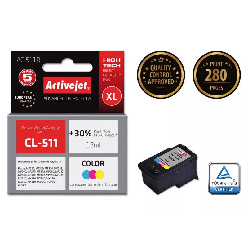 Inktpatroon ActiveJet AC-511R compatibel voor Canon CL-511, kleurstofbasis CMY, hoge (XL) capaciteit 12 ml, per stuk