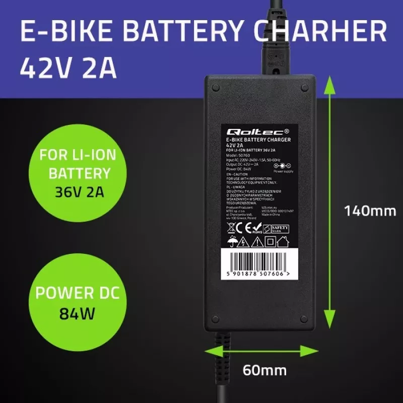 Qoltec 50761 oplader voor e-bike-accu's 36V | 42V | 2A | 5,5*2,5