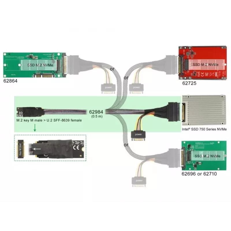 DeLOCK M.2 Key M naar U.2 SFF-8639 NVMe-adapter met 50 cm kabel