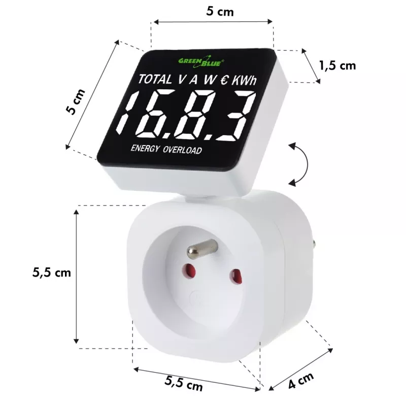 Energie-wattmeter GreenBlue GB620E voor 220V-net, max. 16 A, insteekbare stroom-/energiemeter