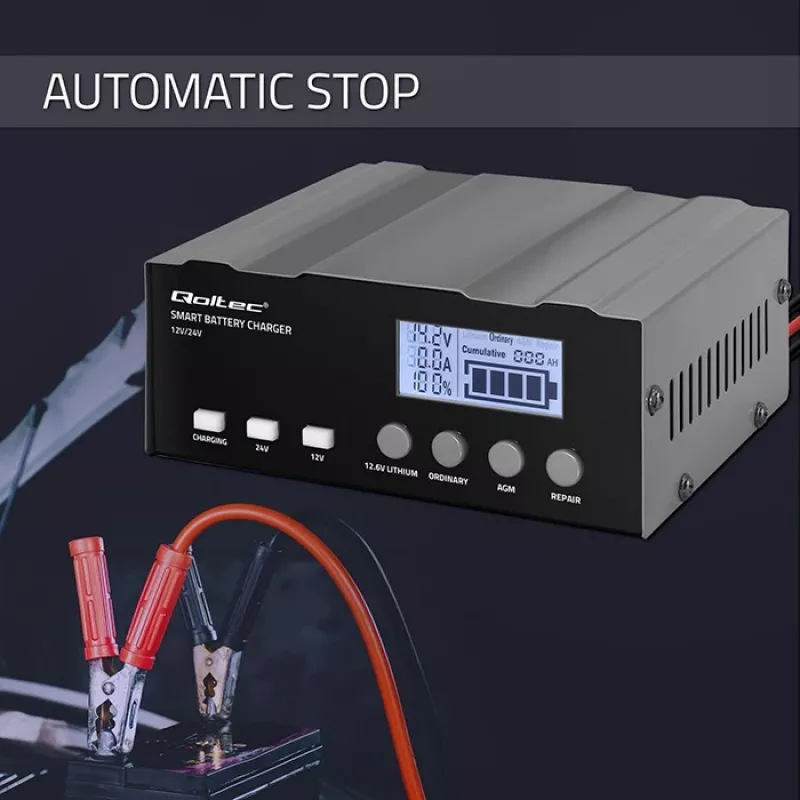 Acculader QOLTEC 52491 microprocessor 12V/12,6V/24V met LCD