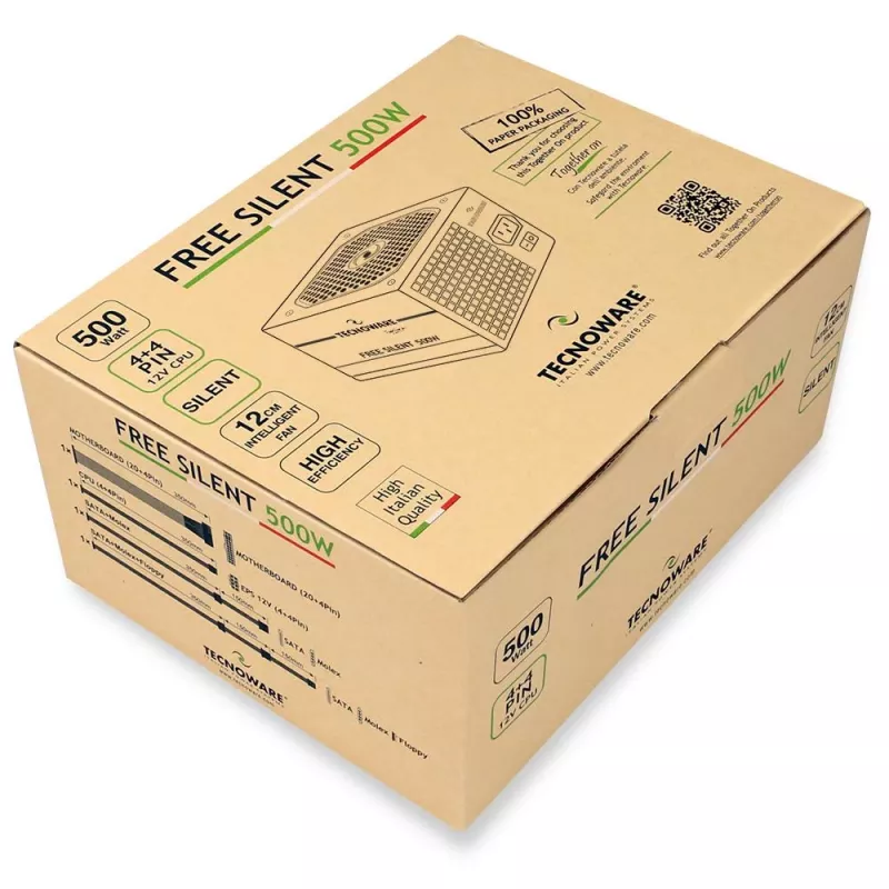 Voeding TECNOWARE Free Silent 500 W — ATX, 20+4-pin, 120-mm-ventilator, 86% efficiëntie