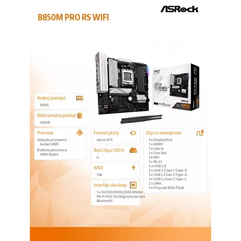 ASRock B850M Pro RS WiFi moederbord — AMD B850, socket AM5, microATX, DDR5, 4 DIMM, 256GB, Wi-Fi 6E, 2.5Gb LAN, 3x M.2