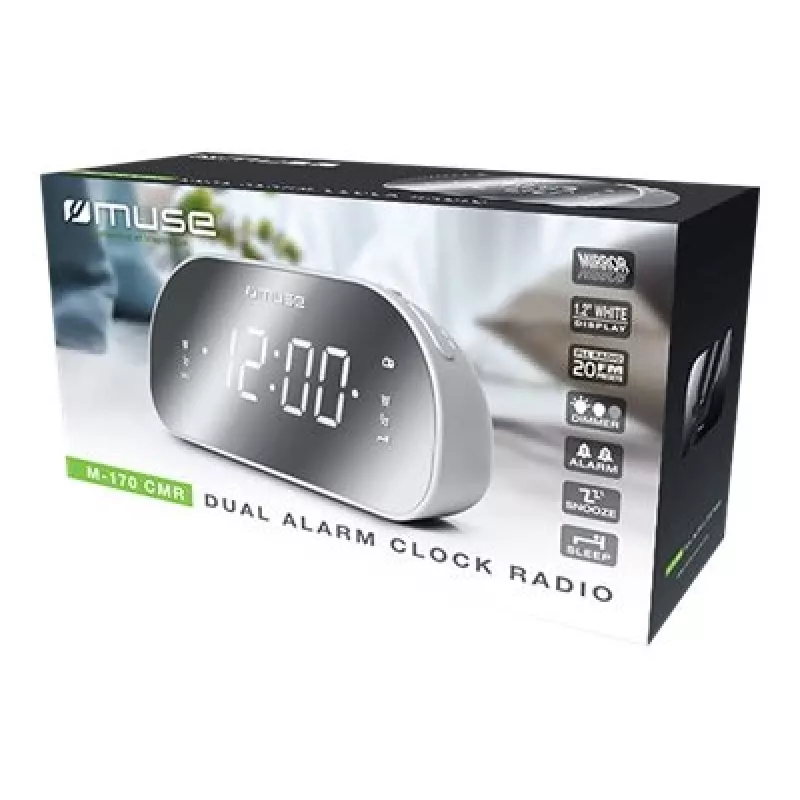 Klokradio Muse M-170CMR — digitale klokradio, 1,2 inch led-display, FM, AC 230V, AAA-back-up, spiegel/wit